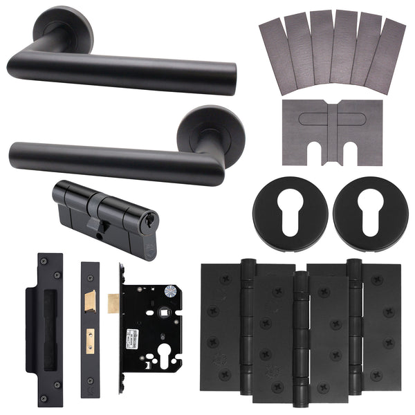 Black Mitred Door Handle on Rose Fire Door Pack - Euro Sashlock and Double Cylinder - FD30/60 - tradefit - Featured Image