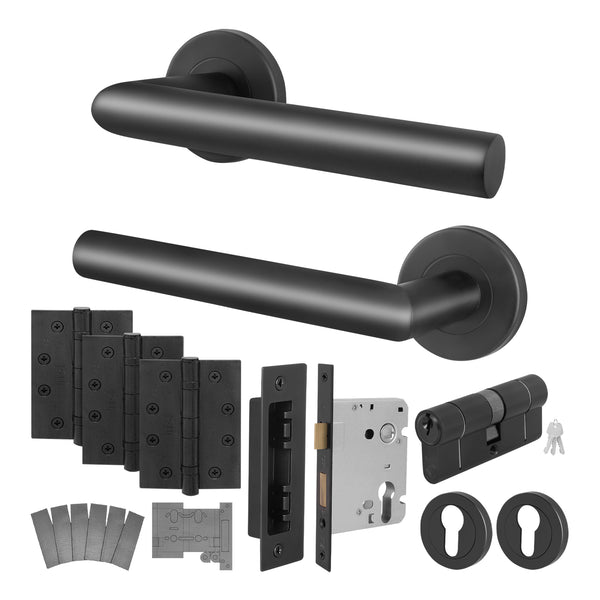 Mitre Matt Black Lever on Rose Door Handle Kit - Medium Duty FD30/60 - 80mm Euro Sashlock and Thumbturn Cylinder - Keyed to Differ - tradefit - Featured Image