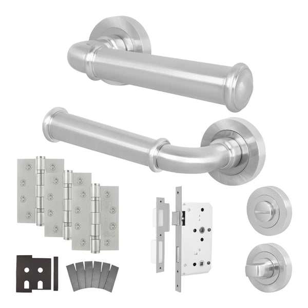 Claro Satin Nickel Lever on Rose Door Handle Kit - Heavy Duty FD30/60 - DIN Bathroom Lock - tradefit - Featured Image