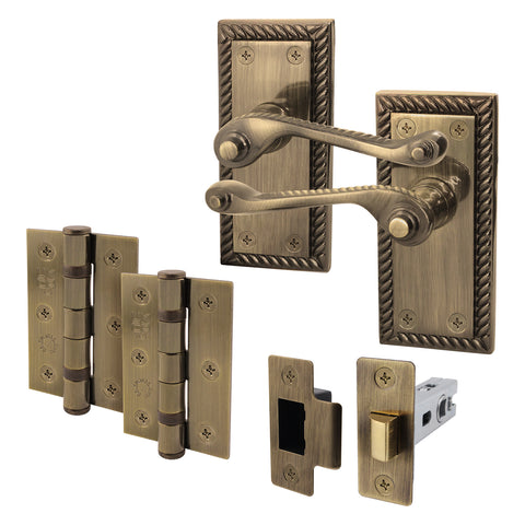 Georgian Rope Edge Scroll Antique Brass Door Handle Pack - 76mm Latch - tradefit