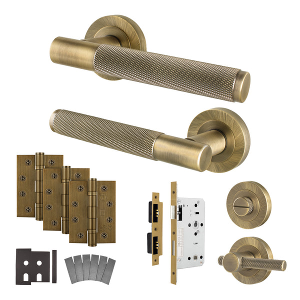 Dumont Antique Brass Lever on Rose Door Handle Kit - Heavy Duty FD30/60 - DIN Bathroom Lock - tradefit - Featured Image