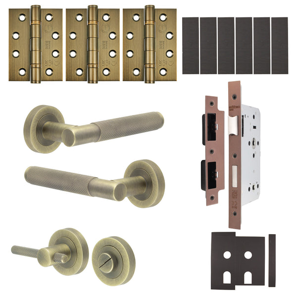Dumont Antique Brass Lever on Rose Door Handle Kit - Heavy Duty FD30/60 - DIN Bathroom Lock - tradefit - Featured Image
