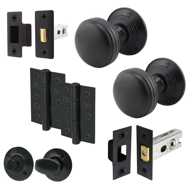 Victorian Ringed Black Mortice Door Knob Kit - 76mm Bathroom Deadbolt - tradefit - Featured Image