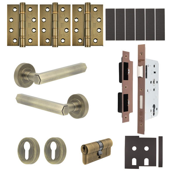Moreno Antique Brass Lever on Rose Door Handle Kit - Heavy Duty FD30/60 - DIN Euro Sashlock and Double Cylinder - Keyed Alike - tradefit - Featured Image