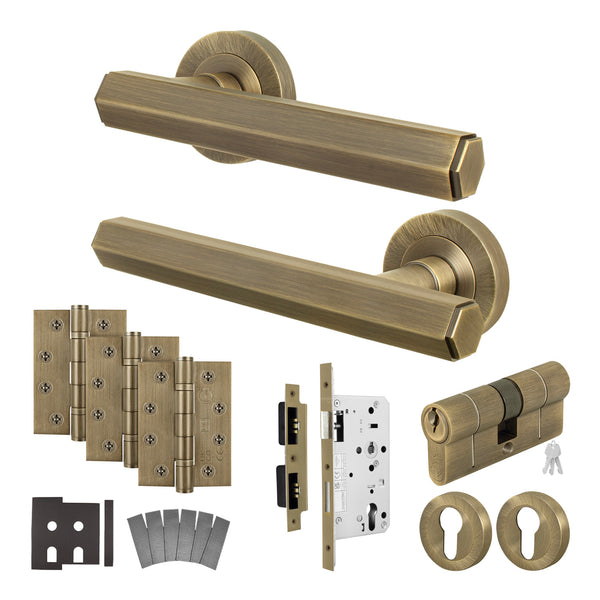 Moreno Antique Brass Lever on Rose Door Handle Kit - Heavy Duty FD30/60 - DIN Euro Sashlock and Double Cylinder - Keyed to Differ - tradefit - Featured Image