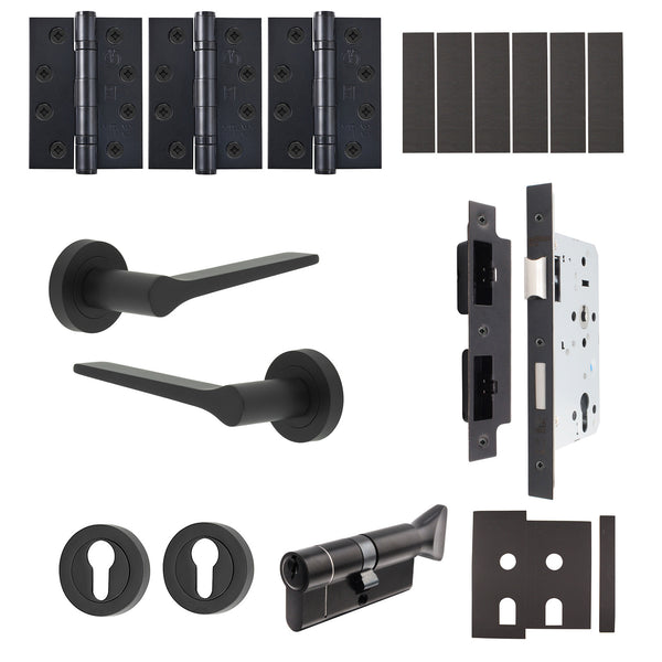 Tapera Matt Black Lever on Rose Door Handle Kit - Heavy Duty FD30/60 - DIN Euro Sashlock and Thumbturn Cylinder - Keyed Alike - tradefit - Featured Image