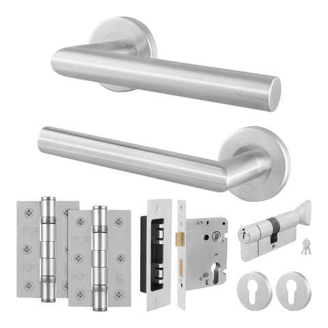 Mitre Lever on Rose Stainless Steel Door Handle Kit - Medium Duty - 80mm Euro Sashlock and Thumbturn Cylinder - Master Keyed