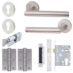 Satin Stainless Mitred Door Handle on Rose Pack - Euro Sashlock and Thumbturn Cylinder - tradefit