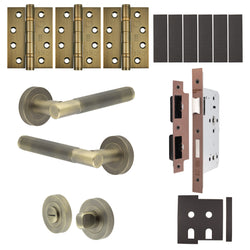 Aurora Antique Brass Lever on Rose Door Handle Kit - Heavy Duty FD30/60 - DIN Bathroom Lock - tradefit