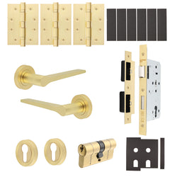Tapera Satin Brass Lever on Rose Door Handle Kit - Heavy Duty FD30/60 - DIN Euro Sashlock and Double Cylinder - Master Keyed - tradefit
