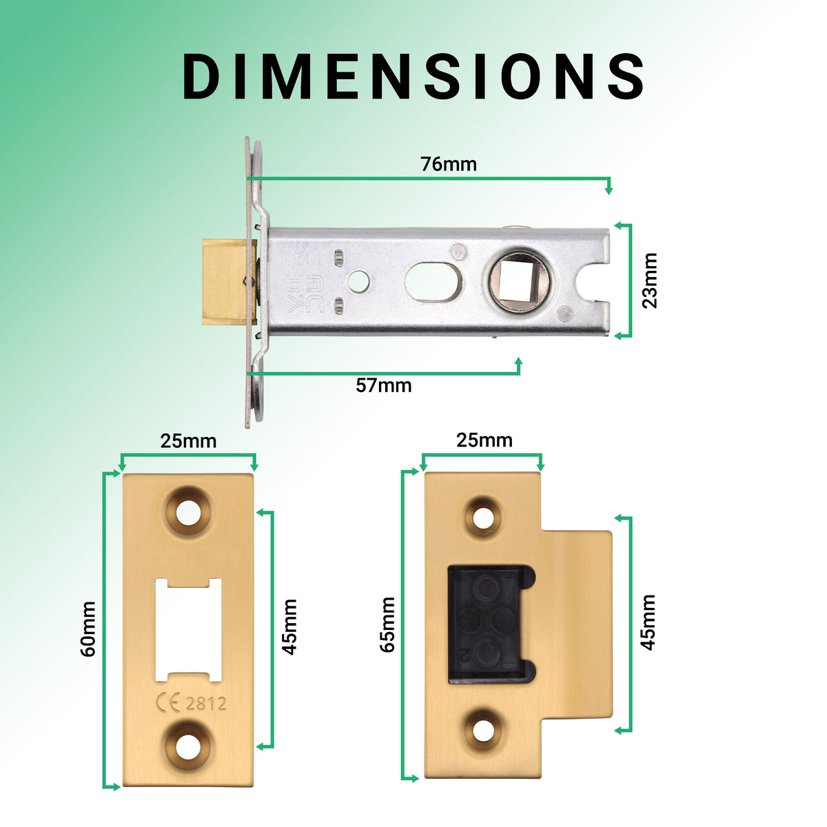 3 inch/76mm Fire Rated Tubular Latch Bolt Through - 57mm Backset - Satin Brass - tradefit