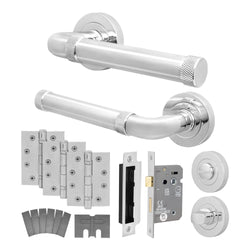 Santana Polished Chrome Lever on Rose Door Handle Kit - Medium Duty FD30/60 - 80mm Bathroom Lock - tradefit