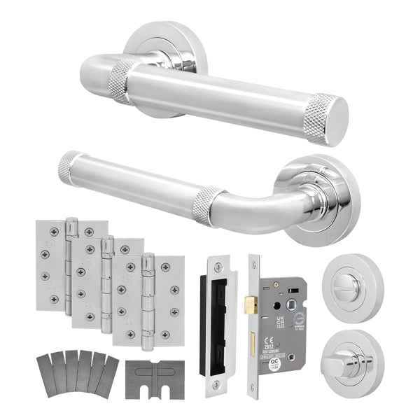 Santana Polished Chrome Lever on Rose Door Handle Kit - Medium Duty FD30/60 - 80mm Bathroom Lock - tradefit - Featured Image
