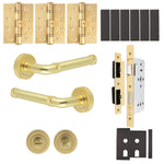 Santana Satin Brass Lever on Rose Door Handle Kit - Heavy Duty FD30/60 - DIN Bathroom Lock - tradefit - 1