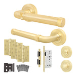 Santana Satin Brass Lever on Rose Door Handle Kit - Heavy Duty FD30/60 - DIN Bathroom Lock - tradefit - 1