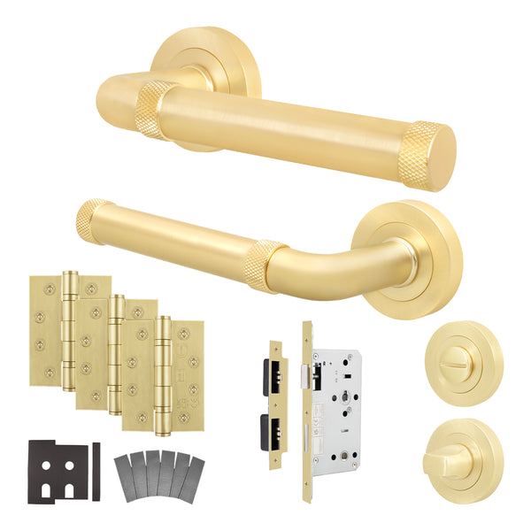 Santana Satin Brass Lever on Rose Door Handle Kit - Heavy Duty FD30/60 - DIN Bathroom Lock - tradefit - Featured Image