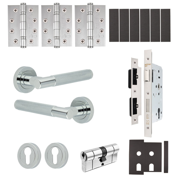 Dumont Polished Chrome Lever on Rose Door Handle Kit - Heavy Duty FD30/60 - DIN Euro Sashlock and Double Cylinder - Keyed to Differ - tradefit - Featured Image