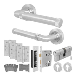 Santana Satin Nickel Lever on Rose Door Handle Kit - Medium Duty FD30/60 - 80mm Euro Sashlock and Double Cylinder - Keyed to Differ - tradefit