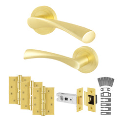 Nola Satin Brass Lever on Rose Door Handle Kit - Standard Duty FD30/60 Rated - 76mm Latch - tradefit