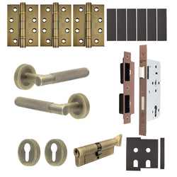 Dumont Antique Brass Lever on Rose Door Handle Kit - Heavy Duty FD30/60 - DIN Euro Sashlock and Thumbturn Cylinder - Master Keyed - tradefit
