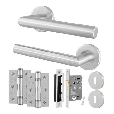 Mitre Lever on Rose Stainless Steel Door Handle Kit - Medium Duty - 80mm Sashlock - tradefit