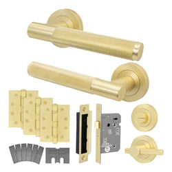 Dumont Satin Brass Lever on Rose Door Handle Kit - Medium Duty FD30/60 - 80mm Bathroom Lock