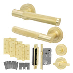 Dumont Satin Brass Lever on Rose Door Handle Kit - Medium Duty FD30/60 - 80mm Bathroom Lock - tradefit - 1