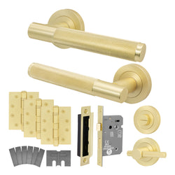 Dumont Satin Brass Lever on Rose Door Handle Kit - Medium Duty FD30/60 - 80mm Bathroom Lock - tradefit