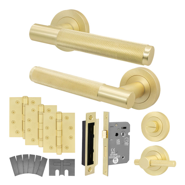 Dumont Satin Brass Lever on Rose Door Handle Kit - Medium Duty FD30/60 - 80mm Bathroom Lock - tradefit - Featured Image
