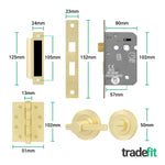 Dumont Satin Brass Lever on Rose Door Handle Kit - Medium Duty FD30/60 - 80mm Bathroom Lock - 5