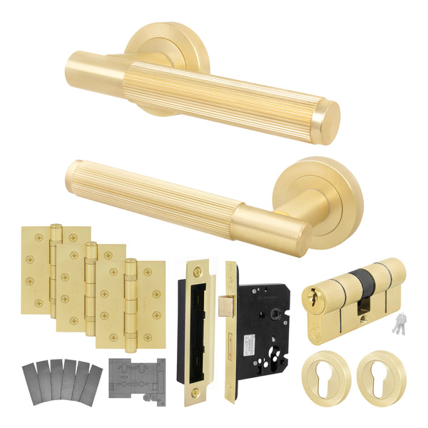 Aurora Satin Brass Lever on Rose Door Handle Kit - Medium Duty FD30/60 - 80mm Euro Sashlock and Double Cylinder - Keyed to Differ - tradefit - Featured Image