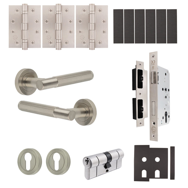 Dumont Satin Nickel Lever on Rose Door Handle Kit - Heavy Duty FD30/60 - DIN Euro Sashlock and Double Cylinder - Keyed to Differ - tradefit - Featured Image