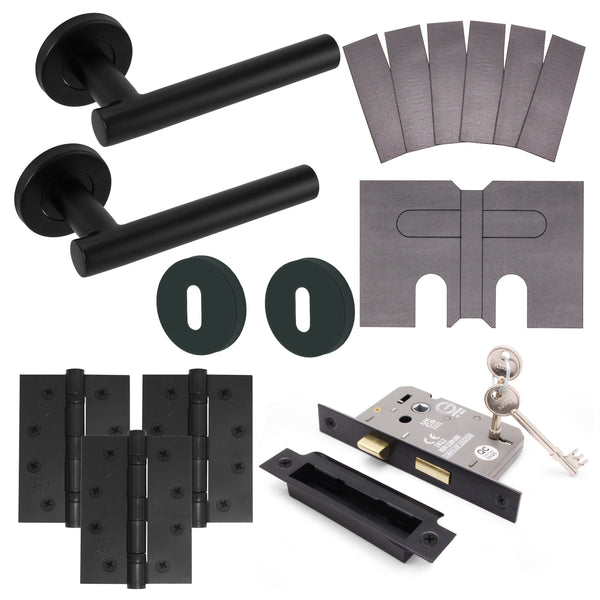 Black T - Bar Door Handle on Rose Fire Door Pack - 3 Lever Sashlock - FD30/60 - tradefit - Featured Image