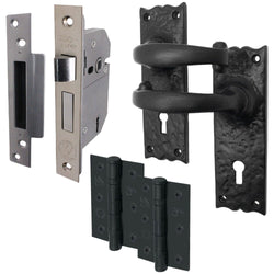 Black Iron Lever Door Handles on Backplate Traditional Canterbury Pattern 5 Lever Lock Pack - 150 x 47mm - 65mm Lock & 76mm Hinge - Black Antique Iron - tradefit