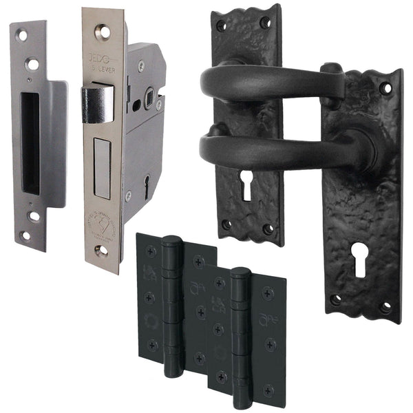 Black Iron Lever Door Handles on Backplate Traditional Canterbury Pattern 5 Lever Lock Pack - 150 x 47mm - 65mm Lock & 76mm Hinge - Black Antique Iron - tradefit - Featured Image