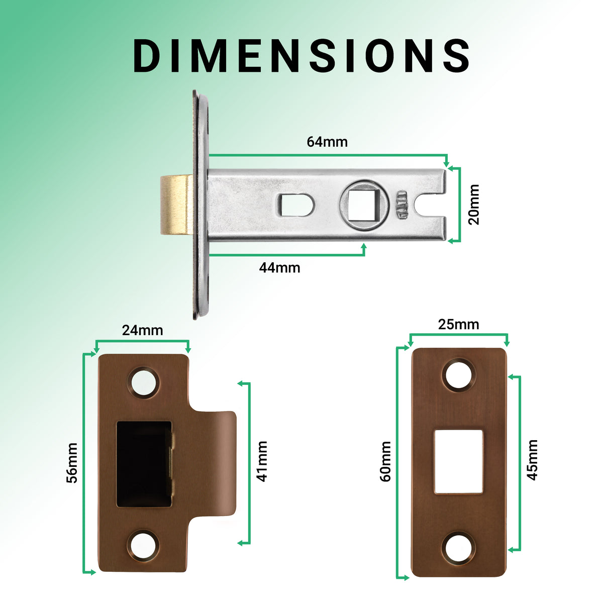 2.5 inch/64mm Tubular Latch Bolt Through - 44mm Backset - Bronze - tradefit