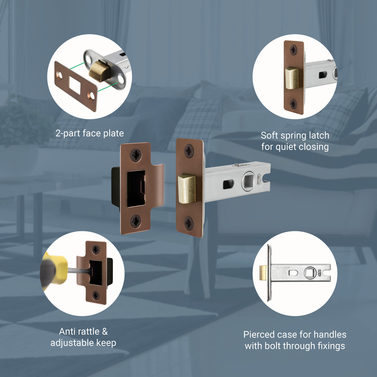 3 inch/76mm Tubular Latch Bolt Through - 57mm Backset - Bronze - tradefit
