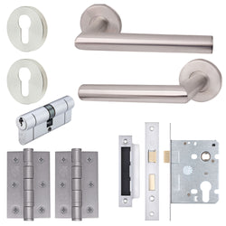 Satin Stainless Mitred Door Handle on Rose Pack - Euro Sashlock and Double Cylinder - tradefit