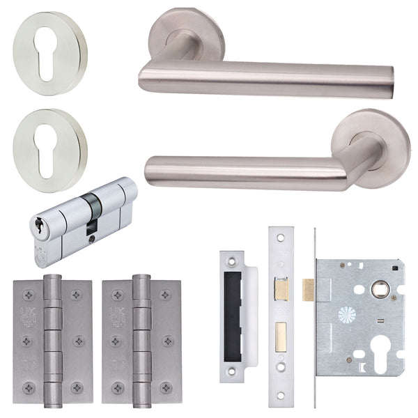 Satin Stainless Mitred Door Handle on Rose Pack - Euro Sashlock and Double Cylinder - tradefit - Featured Image