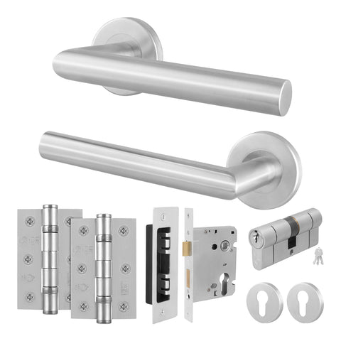 Mitre Lever on Rose Stainless Steel Door Handle Kit - Medium Duty - 80mm Euro Sashlock and Double Cylinder - Master Keyed - tradefit