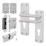 Satin Aluminium Contract Lever Door Handle Kit - 80mm Euro Sashlock and Thumbturn Cylinder - Keyed to Differ - tradefit - 1