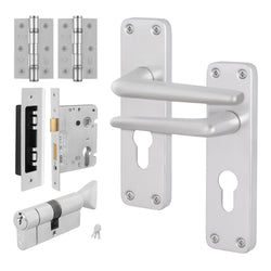 Satin Aluminium Contract Lever Door Handle Kit - 80mm Euro Sashlock and Thumbturn Cylinder - Keyed to Differ - tradefit