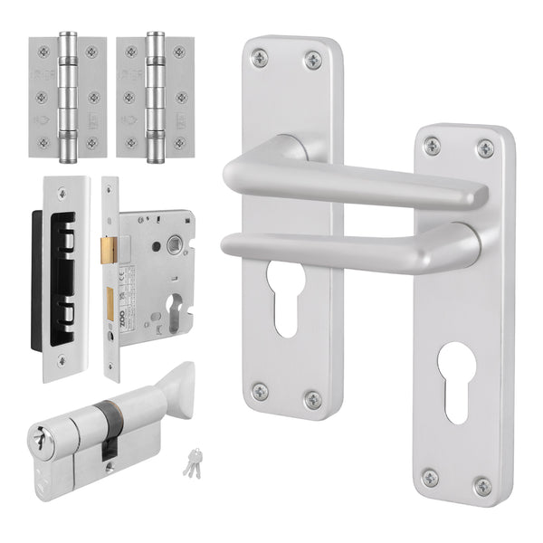Satin Aluminium Contract Lever Door Handle Kit - 80mm Euro Sashlock and Thumbturn Cylinder - Keyed Alike - tradefit - Featured Image