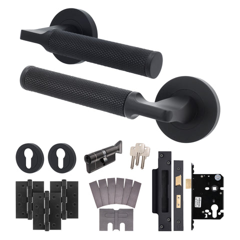 Mode - Grip Black Lever on Rose Fire Door Handle Pack - Euro Lock & Thumbturn Cylinder - FD30/60 - tradefit