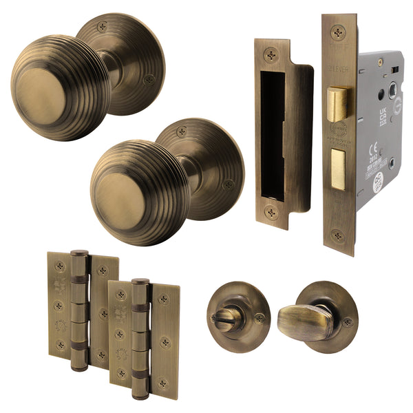 Beehive Antique Brass Mortice Door Knob Kit - 80mm Bathroom Lock - tradefit - Featured Image