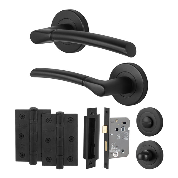 Bosa Matt Black Lever on Rose Door Handle Pack - 64mm Bathroom Lock - tradefit - Featured Image