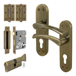 Nola Antique Brass Lever on Backplate Door Handle Kit - 80mm Euro Sashlock and Cylinder & Turn - Keyed to Differ - tradefit - 1