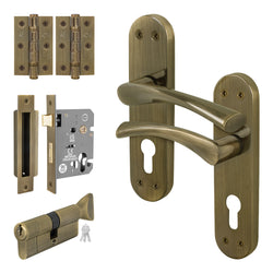 Nola Antique Brass Lever on Backplate Door Handle Kit - 80mm Euro Sashlock and Cylinder & Turn - Keyed to Differ - tradefit