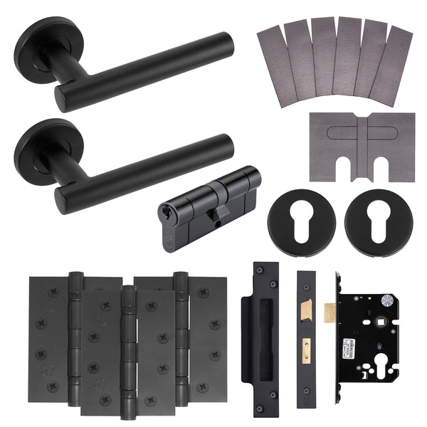 Black T - Bar Door Handle on Rose Fire Door Pack - Euro Sashlock and Double Cylinder - FD30/60 - tradefit - Featured Image