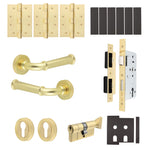 Claro Satin Brass Lever on Rose Door Handle Kit - Heavy Duty FD30/60 - DIN Euro Sashlock and Thumbturn Cylinder - Keyed Alike - tradefit - 1